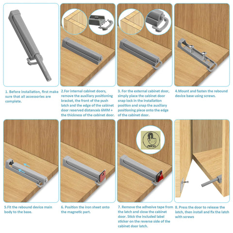 Installation instructions for Push To Open Door Latch 2 Pack No Hassle Heavy Duty Spring Hidden Cabinet Catch For Cabinets Doors And Kitchen Drawers