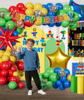 Nail The Party Vibe With This 310 Piece Building Block Birthday Decorations Kit Serving Twenty Five Guests Including Balloons backdrop and centerpieces.