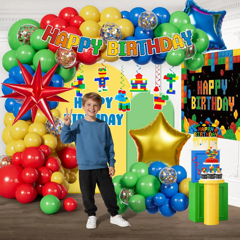 Nail The Party Vibe With This 310 Piece Building Block Birthday Decorations Kit Serving Twenty Five Guests Including Balloons backdrop and centerpieces.