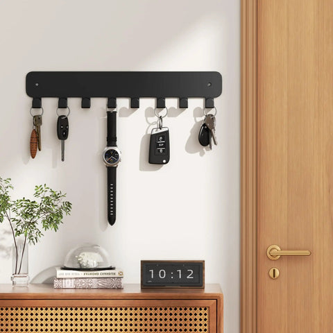 Wall Mounted Key Rack With 8 Hooks For Car Keys No Drill Adhesive Backing Or Screw Mount Heavy Duty Metal Key Organizer Black Finish