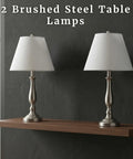 2 Brushed Steel Table Lamps with white shades on a wooden shelf, Set Of 2 Traditional Accent Lights With LED Bulbs For Bedroom Living Room Office And Entryway Modern Home Decor With Soft Warm Glow On Nightstands And End Tables