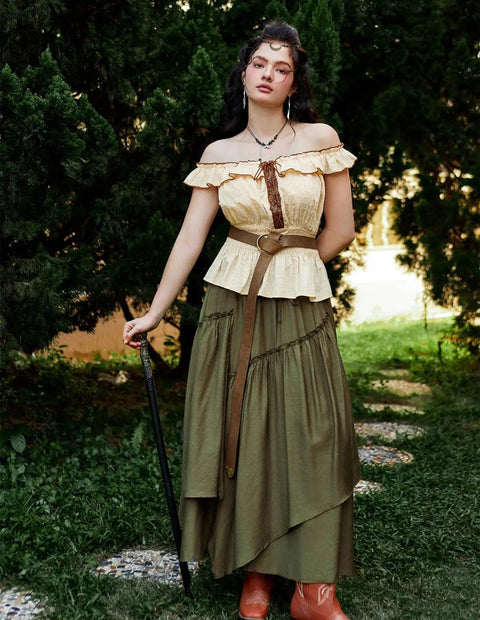 Badass Medieval Leather Belt For Renaissance Cosplay And Hella Cool Pirate Viking Props Featuring Embossed Buckle With Adjustable Waist Strap on a model dressed in a peasant outfit.