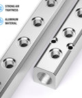Close-up of industrial grade 10 way 12 port aluminum pneumatic shunt block showing threaded ports and silver aluminum material.