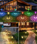 8 Pack Solar Pathway Lights With Auto 7 Color Changing And Warm White Modes illuminating a yard and walkway at night