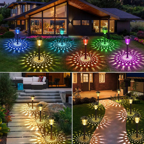 8 Pack Solar Pathway Lights With Auto 7 Color Changing And Warm White Modes illuminating a yard and walkway at night