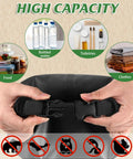 Hands securing a waterproof 10L bear bag hanging kit with icons of food, water, toiletries, clothes, and wildlife deterrent symbols.