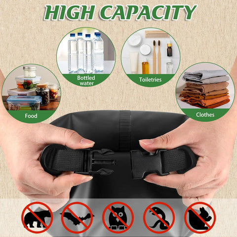 Hands securing a waterproof 10L bear bag hanging kit with icons of food, water, toiletries, clothes, and wildlife deterrent symbols.