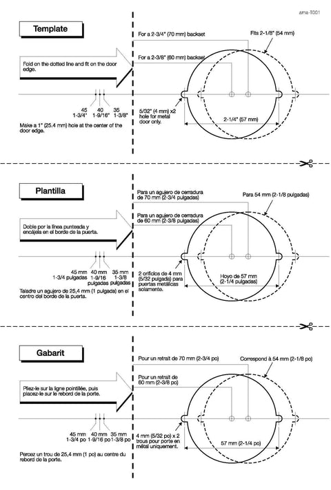 Installation template for Shelby Door Lever With Privacy Lock Satin Nickel, showcasing measurements and cut-out guides.