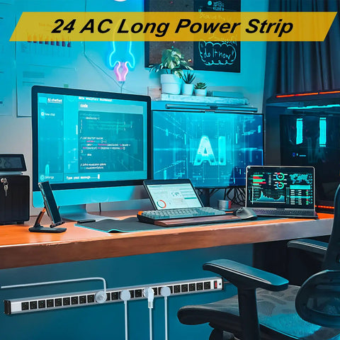 24 Outlet Heavy Duty Power Strip With 10 Ft Extension Cord, ETL Certified Metal Body installed under desk with electronics