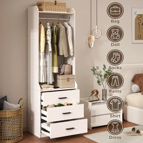 Spacious White Wardrobe Closet System With Three Deep Drawers And A Sturdy Hanging Rod To Keep Your Fits Shirts And Jeans Square While Giving Your Room A Clean Vibe And Making Daily Storage Super Easy Without Any Sweat; featuring clothes, a storage box, and three drawers.