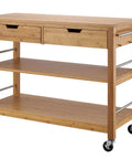 Total Kitchen Upgrade 48 Inch Bamboo Island Cart With Slick Rolling Wheels Double Drawer Units And Spacious Shelves Heavy Duty Wood Prep Table on wheels.