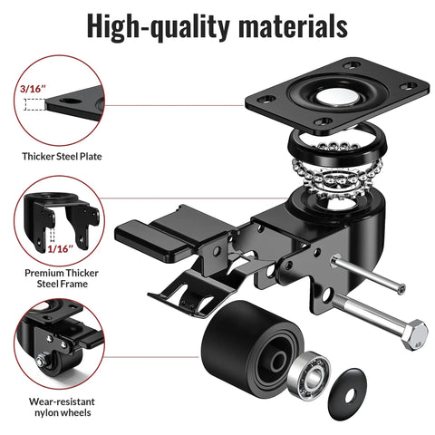 Badass 2 Inch Low Profile Casters With Total Lock Brakes And Durable Nylon Wheels Heavy Duty 2200 Lb Capacity Per Set close-up of caster parts and assembly