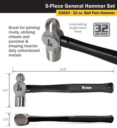 32 oz ball pein hammer from Five Piece Hammer Set with shock absorbing fiberglass handle and textured grip.
