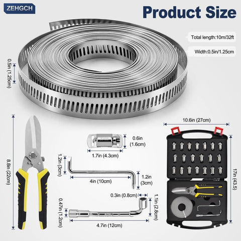 DIY Adjustable Stainless Steel Hose Clamp Kit With 25 Pieces shown with dimensions and included tools.