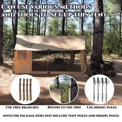 Hammock Ready Hot Tent With Stove Jack And Double Sided Mesh Windows setup in forest, showing tree-bound support. Waterproof and windproof.