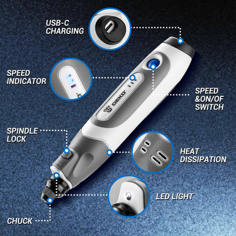 Close-up of Snag This Hassle Free Mini Cordless Rotary Tool With Variable Speed And Type C Charging Includes A Complete Seventy Accessory Kit For Sanding Engraving Polishing Drilling Cutting Diy, showing features like USB-C charging, speed indicator, and spindle lock.