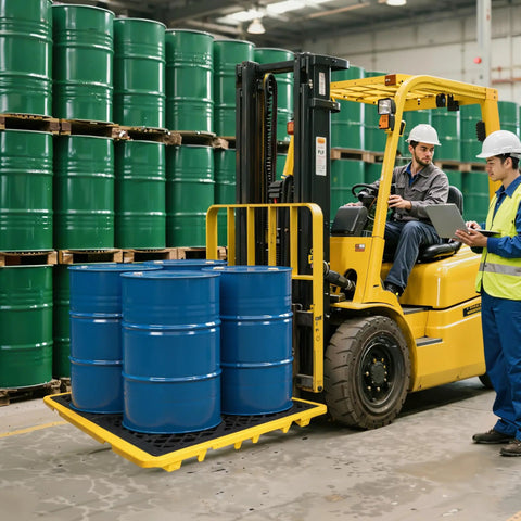 Spill Containment Tray With Drain, Heavy Duty 51x51x6 Inch Platform holding four blue drums on forklift in warehouse.