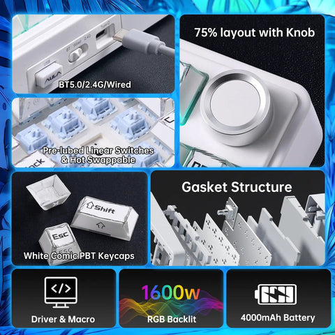 Badass Wireless Mechanical Gaming Keyboard With Dope Creamy Switches And Smooth Volume Knobs Features Tri Mode Bluetooth And Usb C Wired Connect For Gamer Desk Setup, showing 75% layout with knob and gasket structure.