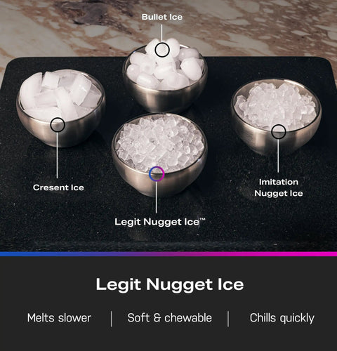 Comparison of bullet ice, crescent ice, legit nugget ice, and imitation nugget ice with descriptions on a black surface