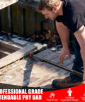 Person using Beefy 29 To 48 Inch Adjustable Pry Bar With 180 Degree Rotating Head for disassembly on a wooden platform.
