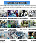 Collage of manufacturing equipment including dispensing, welding, 3D detection, and laser cutting machines with German text above.