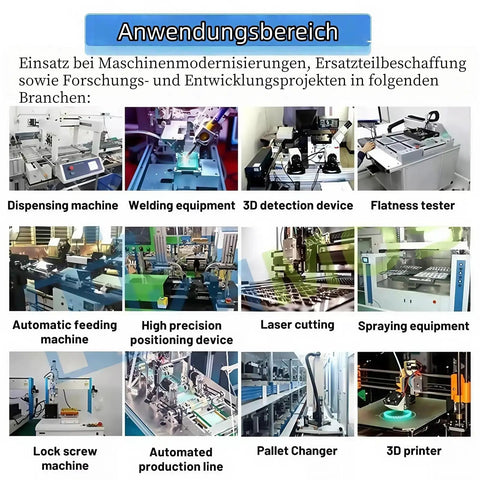 Collage of manufacturing equipment including dispensing, welding, 3D detection, and laser cutting machines with German text above.