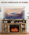 Electric Fireplace TV Stand For 65 Inch TVs With 23 Inch Fireplace Insert in living room setting, brown finish, remote included