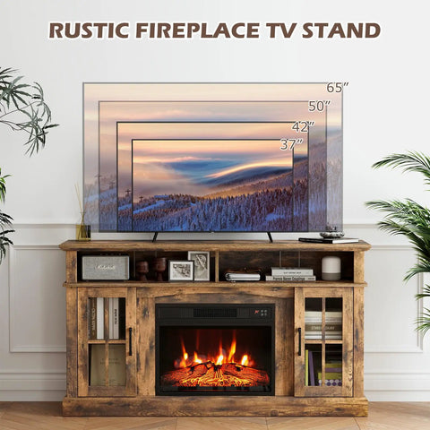 Electric Fireplace TV Stand For 65 Inch TVs With 23 Inch Fireplace Insert in living room setting, brown finish, remote included