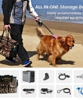 Person walking a dog on a beach with an all-in-one storage bag. Displayed below are various camping equipment items.