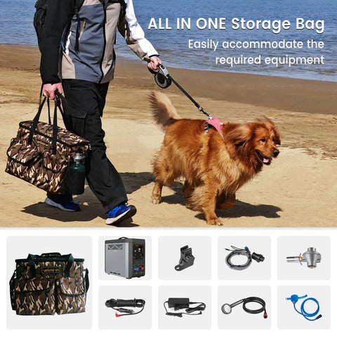 Person walking a dog on a beach with an all-in-one storage bag. Displayed below are various camping equipment items.