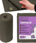 Waterproof Canvas Tarp Cover 21oz Heavy Duty Duck Cloth Waxed Tarpaulin With Rustproof Brass Grommets For Camping Construction Equipment And Outdoor Use 10x12 Ft Olive Drab, showing rolled tarp and packaging details