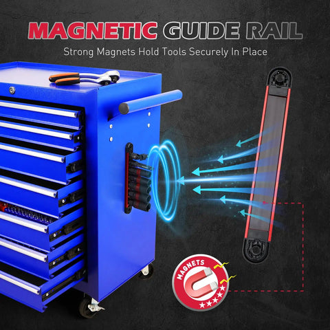 Eight Piece Three Eighths Inch Drive Spark Plug Socket Set With Magnetic Rail SAE And Metric Sizes shown on tool chest