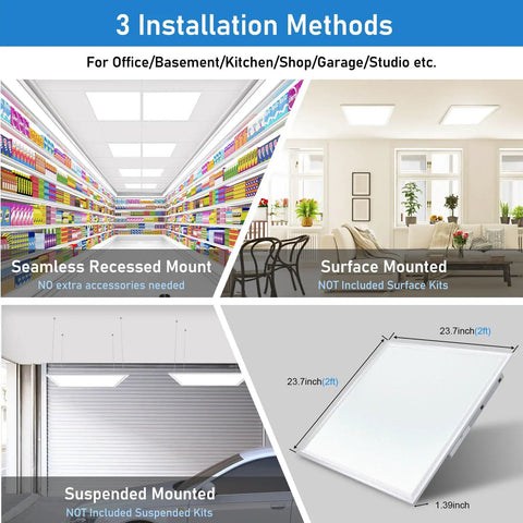 3 installation methods for Super Bright 40W 2x2 LED Flat Panel Light 4 Pack, 4400 Lumen, Color Switchable, in various settings