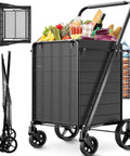 Heavy Duty Folding Grocery Cart That Hauls 360 Lbs Capacity With Waterproof Liner And 360 Degree Swivel Wheels Double Basket Collapsible Shopping Cart For Condo Laundry And Trips filled with groceries