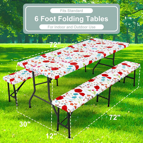 All-in-One Picnic Table Cover Set With Bench Covers For 6 Foot Tables, Waterproof Elastic Fitted Tablecloths, flower print