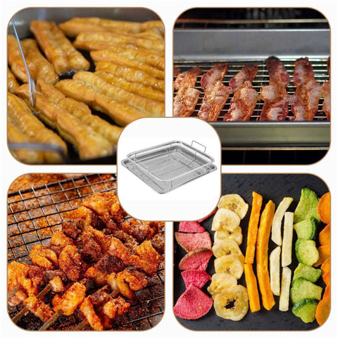 Two Piece Air Fryer Oven Basket Set With Tray And Grease Trap, cooking fries, bacon, chicken, and veggies for crisping