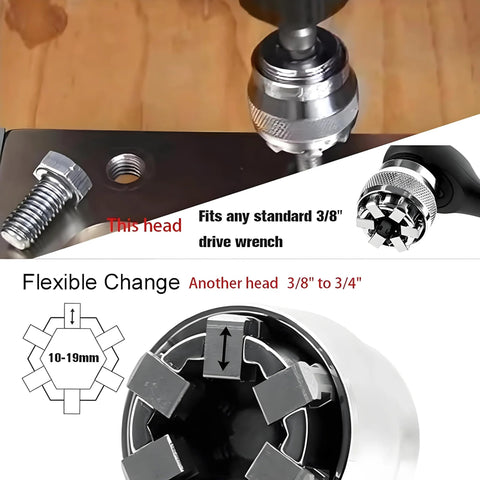 Front view: universal socket sleeve converter for 3/8-inch drive, adjustable 10–19mm, metal socket adapter.