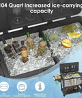 104 Qt Rolling Patio Cooler on Wheels for Poolside Parties with ice chest filled with beverages and fruit, grey finish