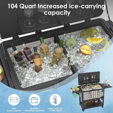 104 Qt Rolling Patio Cooler on Wheels for Poolside Parties with ice chest filled with beverages and fruit, grey finish