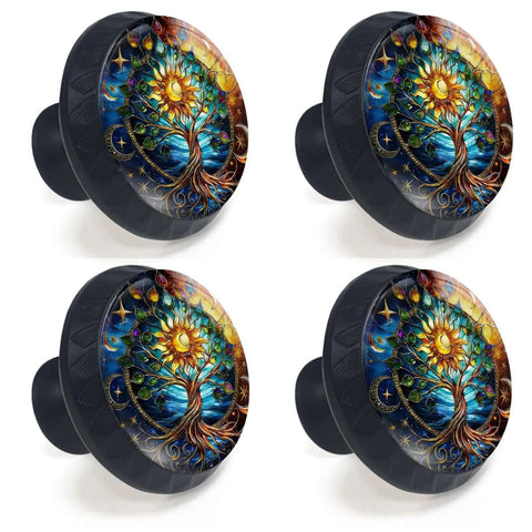 4 Pack Stained Glass Tree Of Life Cabinet Knobs For Kitchen And Home Decor With Totally Eye Catching Sun Moon Theme