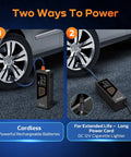 Super Slick 150 Psi Portable Tire Inflator Air Compressor With Digital Gauge Auto Shut Off LED Light For Car SUV Motorcycle And Sports Balls showing two power options for tire inflation.