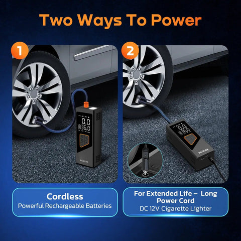 Super Slick 150 Psi Portable Tire Inflator Air Compressor With Digital Gauge Auto Shut Off LED Light For Car SUV Motorcycle And Sports Balls showing two power options for tire inflation.