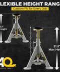 3-Ton jack stands, pair; Amazon-branded steel with adjustable height 13.2–21.5 in (front view).