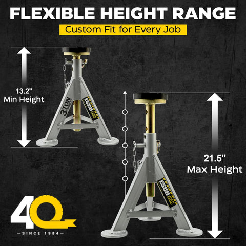 3-Ton jack stands, pair; Amazon-branded steel with adjustable height 13.2–21.5 in (front view).