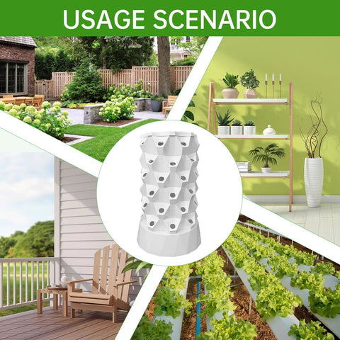 Dope 14 Layer Vertical Garden System Kit With 70 Slots shown in various indoor and outdoor settings including garden and patio.