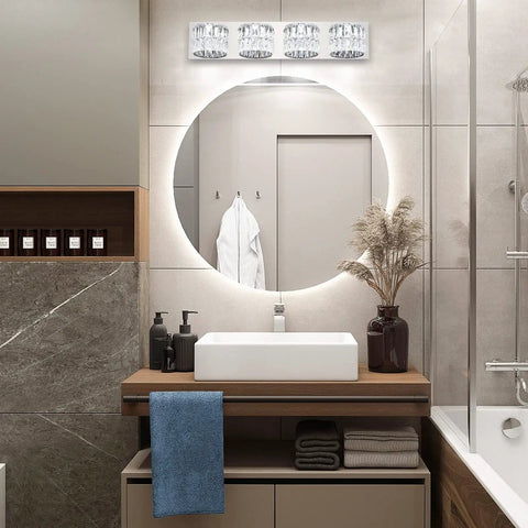 Dope Modern Luxury Dimmable LED Crystal Bathroom Light Fixtures Four Light Chrome Stainless Steel Over Mirror Cool White 6000K