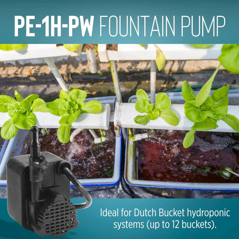 Tiny But Mighty Submersible Fountain Pump 115V 0.008 HP Epoxy Encapsulated, 186 GPH, in hydroponic setup with plants.