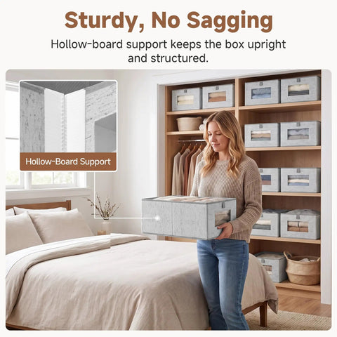 Top Shelf Fabric Storage Bins With Clear Mesh Windows And Tough Pull Handles Level Up Your Closet Game In Clean Grey Four Pack shown with hollow-board support.