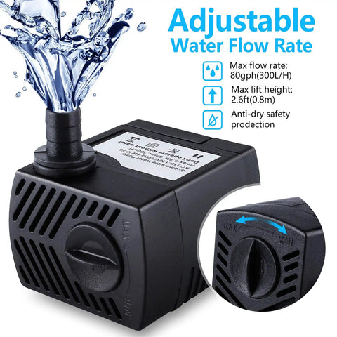 Low Noise Submersible Fountain Pump, 80 GPH, 4W, with adjustable flow rate, close-up view with 3-nozzle option for aquariums and fountains.