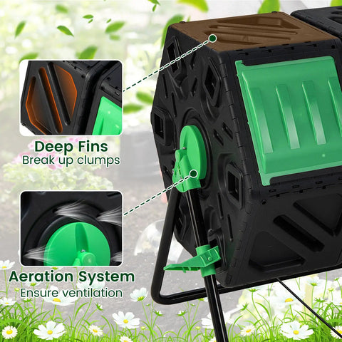 Dual Chamber Outdoor Compost Tumbler With Aeration Built Tough Heavy Duty Rotating Composter 2 Sliding Doors 34.5 Gallon
